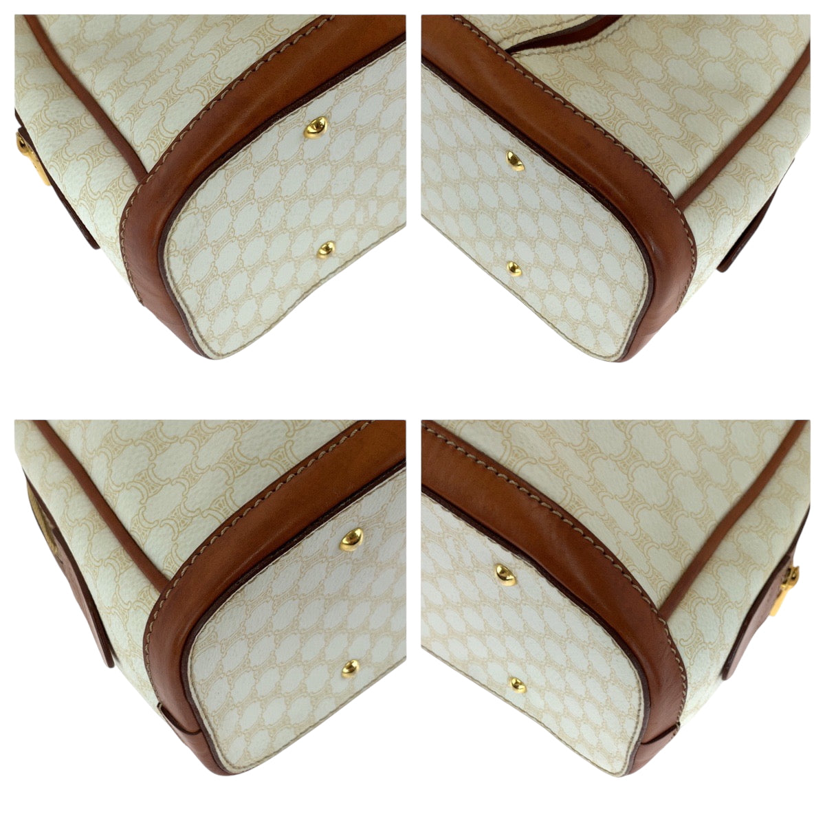 17258
CELINE セリーヌ ヴィンテージ マカダム ホワイト ブラウン ゴールド金具 PVC ハンドバッグ ミニボストンバッグ レディース ABP34