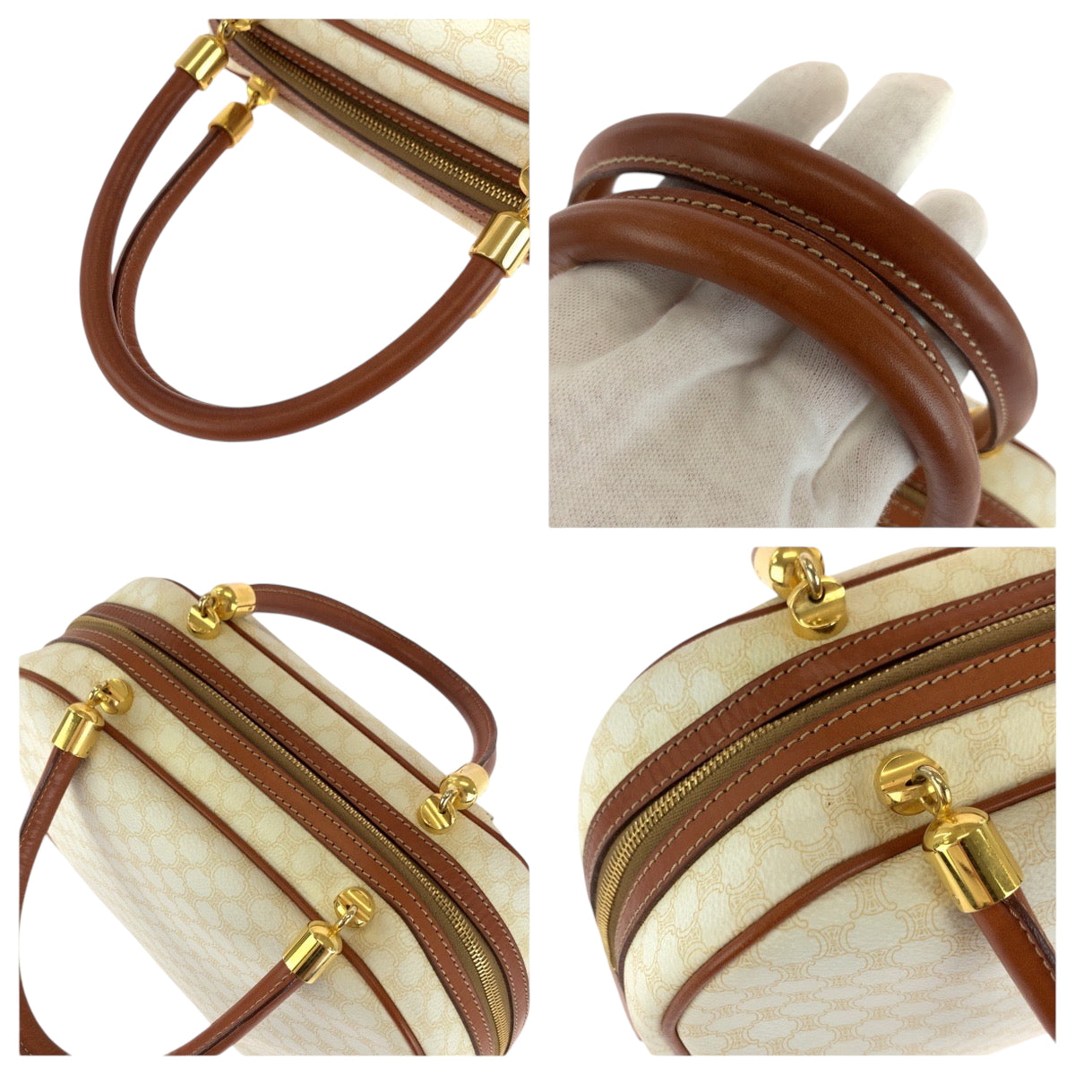 17258
CELINE セリーヌ ヴィンテージ マカダム ホワイト ブラウン ゴールド金具 PVC ハンドバッグ ミニボストンバッグ レディース ABP34