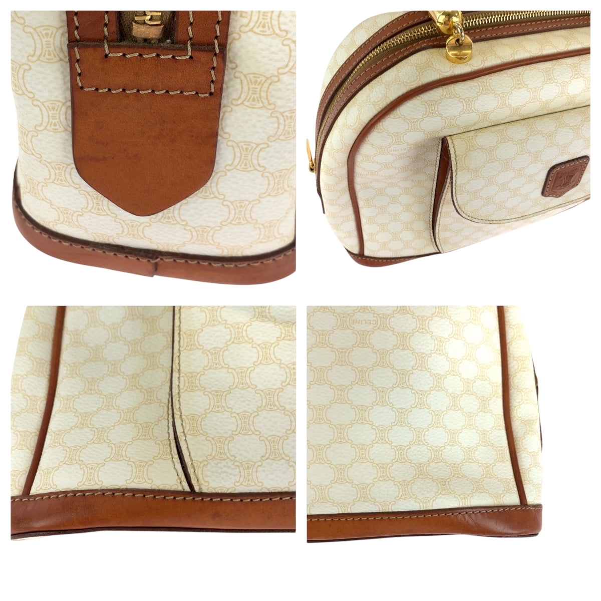 17258
CELINE セリーヌ ヴィンテージ マカダム ホワイト ブラウン ゴールド金具 PVC ハンドバッグ ミニボストンバッグ レディース ABP34