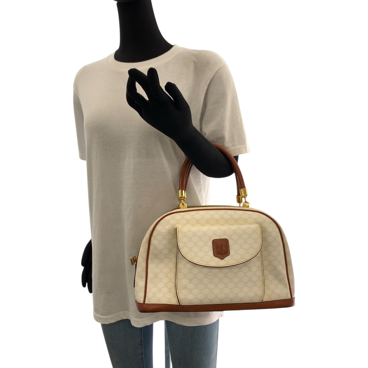 17258
CELINE セリーヌ ヴィンテージ マカダム ホワイト ブラウン ゴールド金具 PVC ハンドバッグ ミニボストンバッグ レディース ABP34