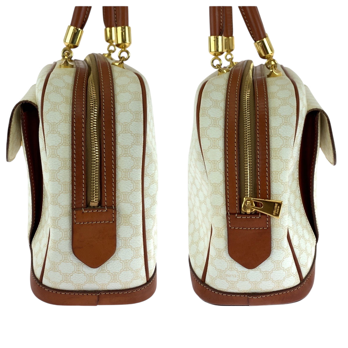 17258
CELINE セリーヌ ヴィンテージ マカダム ホワイト ブラウン ゴールド金具 PVC ハンドバッグ ミニボストンバッグ レディース ABP34