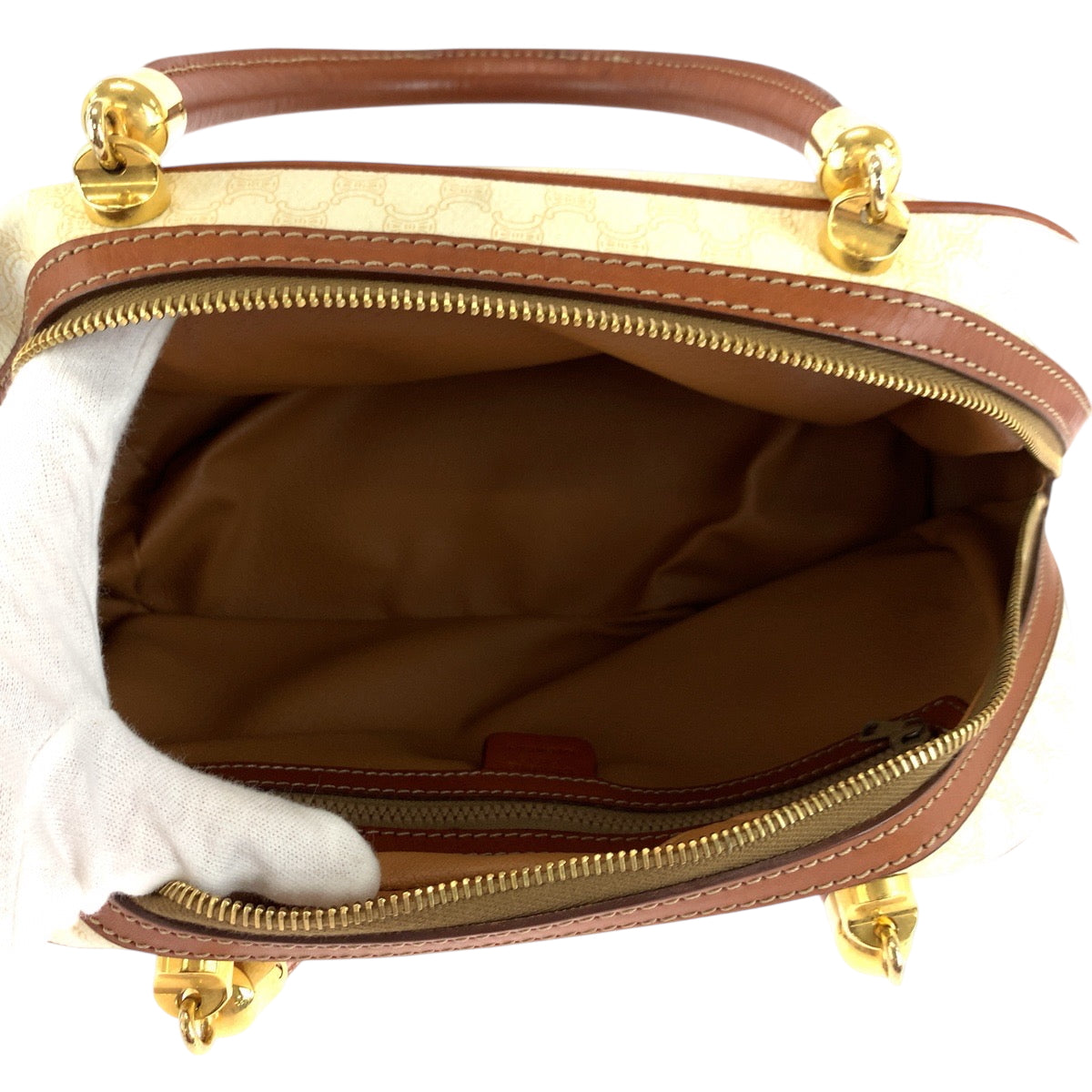 17258
CELINE セリーヌ ヴィンテージ マカダム ホワイト ブラウン ゴールド金具 PVC ハンドバッグ ミニボストンバッグ レディース ABP34