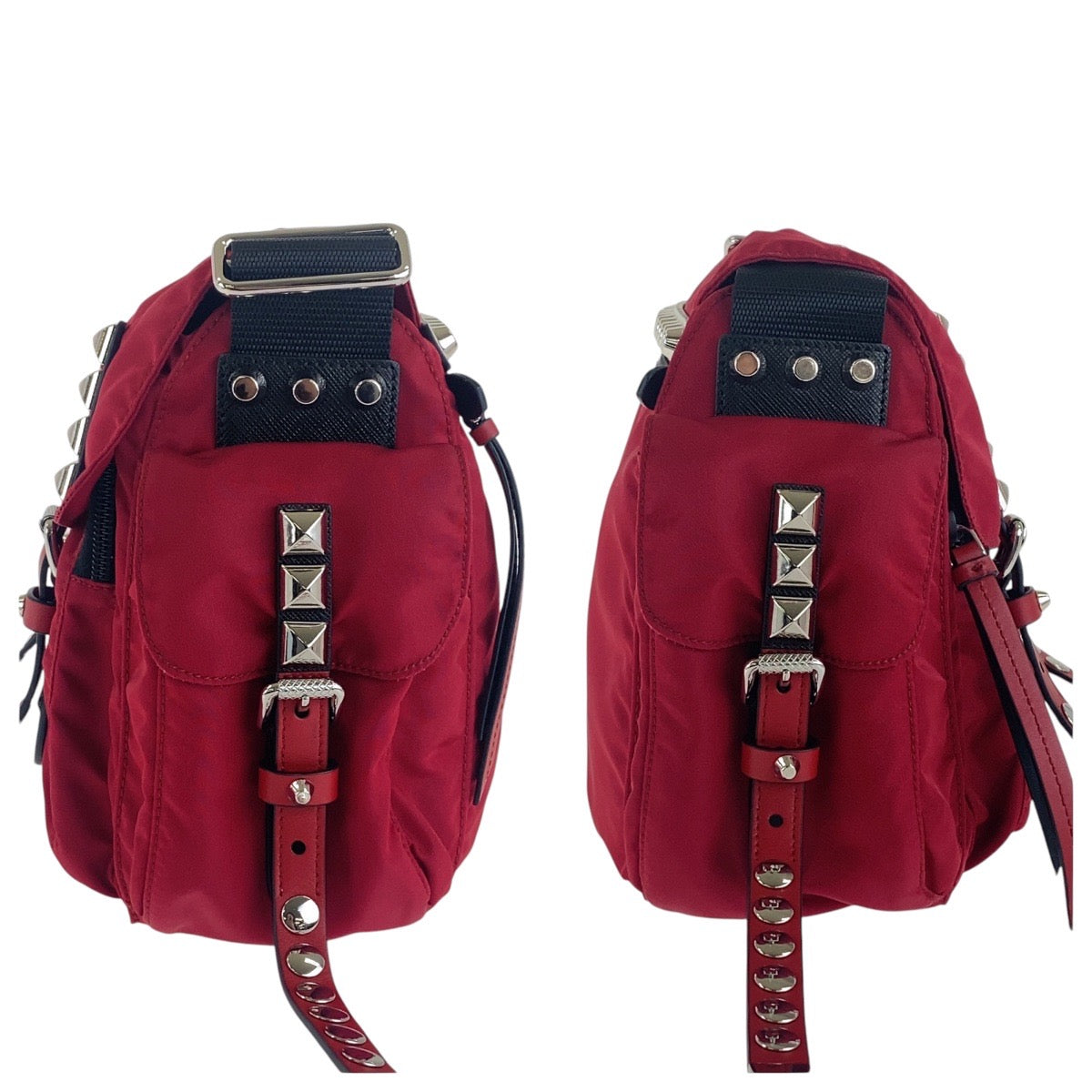 17266
PRADA プラダ ヴィンテージ テスート 三角ロゴプレート レッド ブラック シルバー金具 ナイロン 斜め掛け ショルダーバッグ スタッズ  メンズ A110
