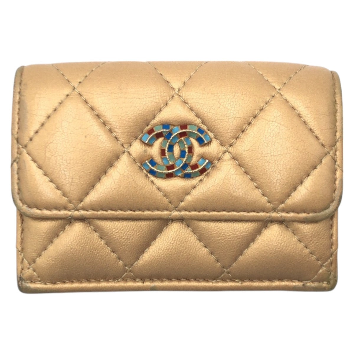 17277
CHANEL シャネル マトラッセ ココマーク ゴールド レザー 三つ折り財布 折財布 コンパクトウォレット レディース AB47