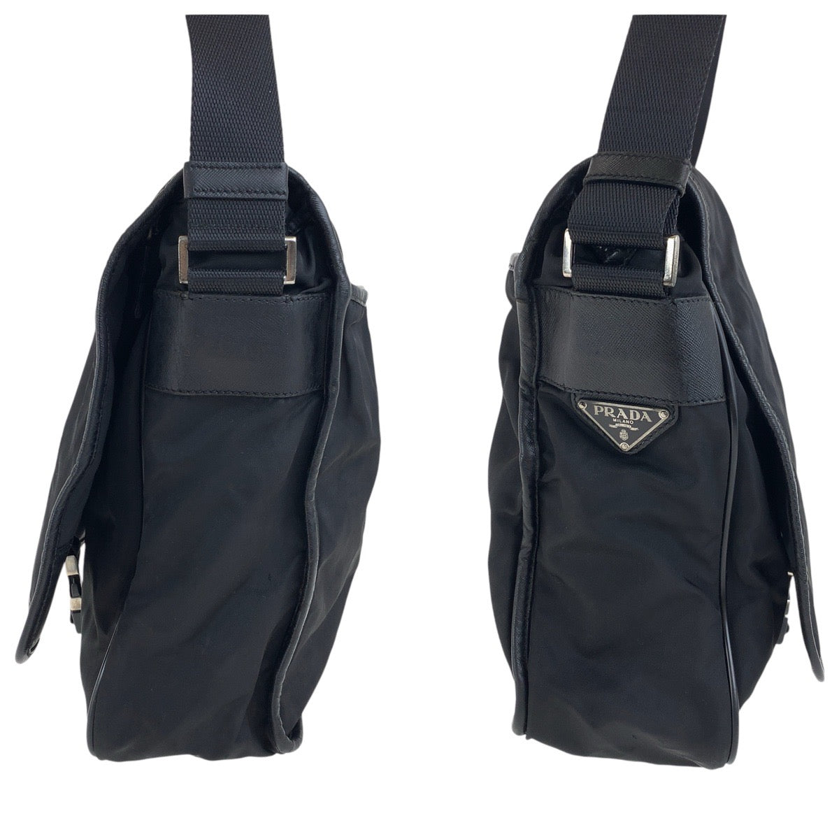 17305
PRADA プラダ テスート サフィアーノ 三角ロゴプレート ブラック 黒 シルバー金具 ナイロン / レザー ショルダーバッグ メッセンジャーバッグ 男女兼用  レディース AB32
