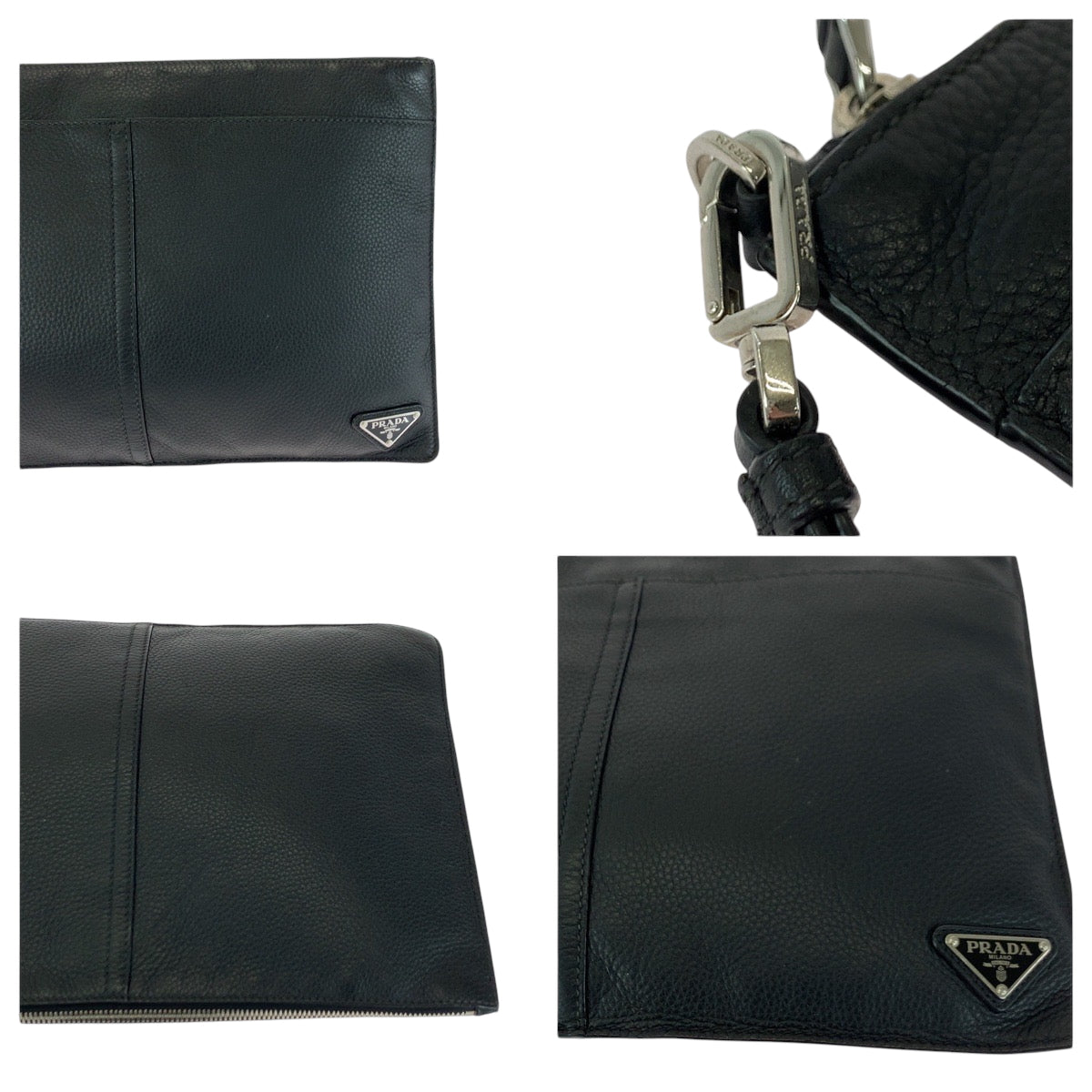 17315
PRADA プラダ ヴィッテロ シティ 三角ロゴプレート ブラック 黒 シルバー金具 レザー クラッチバッグ セカンドバッグ メンズ ABP46