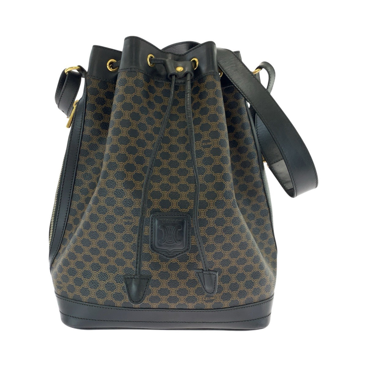17317
CELINE セリーヌ ヴィンテージ マカダム ブラウン ブラック 黒 ゴールド金具 PVC / レザー MC96 巾着 ショルダーバッグ  レディース AB43