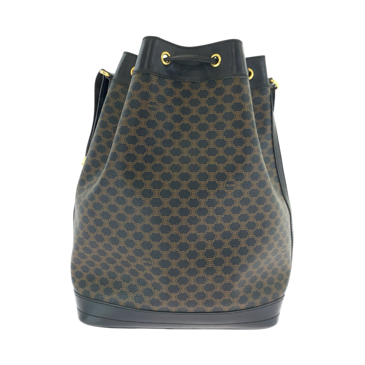 17317
CELINE セリーヌ ヴィンテージ マカダム ブラウン ブラック 黒 ゴールド金具 PVC / レザー MC96 巾着 ショルダーバッグ  レディース AB43