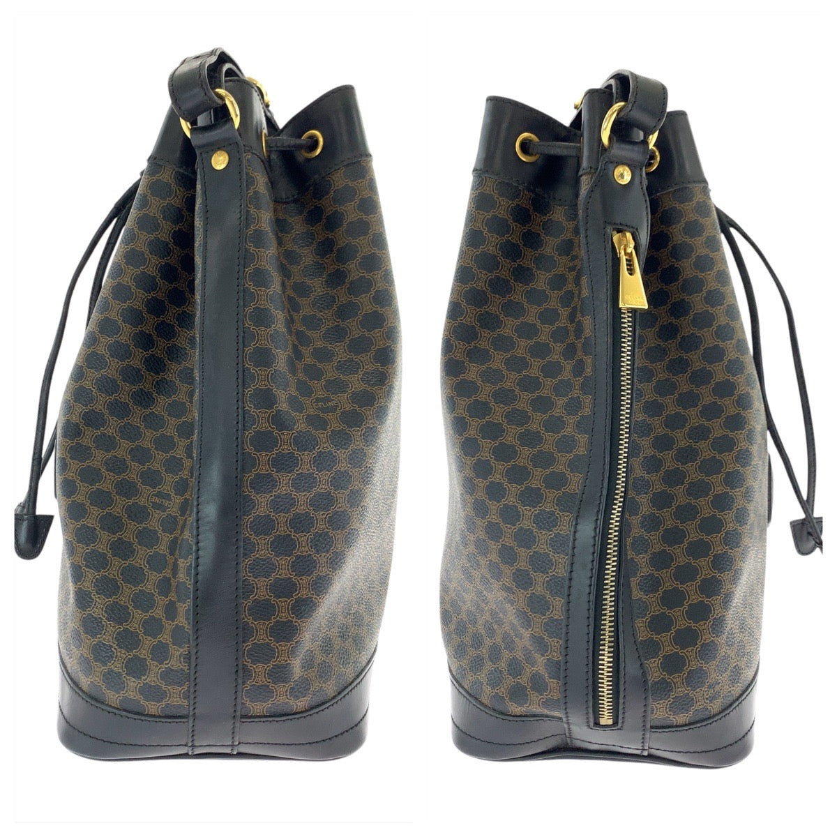 17317
CELINE セリーヌ ヴィンテージ マカダム ブラウン ブラック 黒 ゴールド金具 PVC / レザー MC96 巾着 ショルダーバッグ  レディース AB43