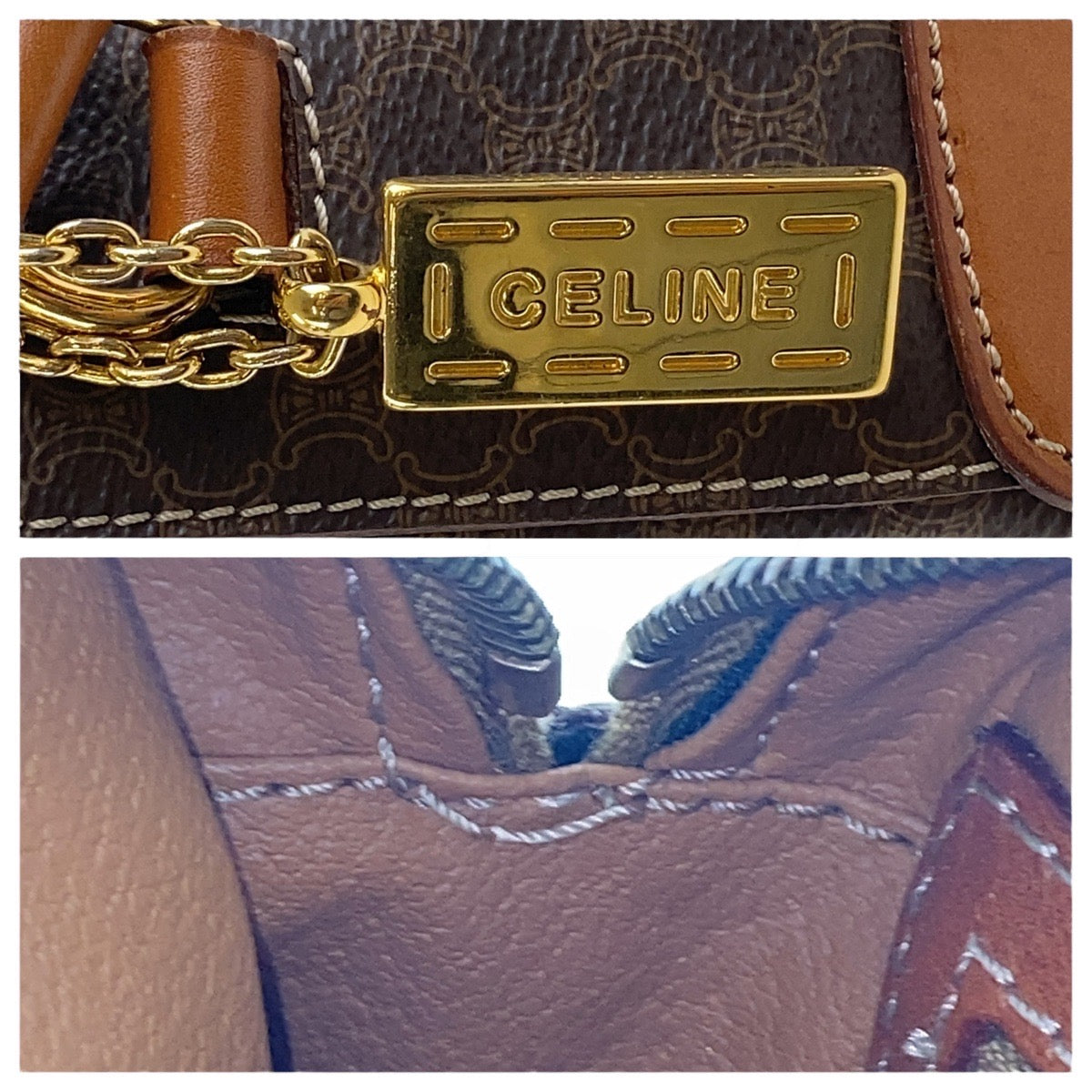 17349
CELINE セリーヌ ヴィンテージ マカダム ブラウン ゴールド金具 PVC / レザー 斜め掛け ショルダーバッグ ポシェット  レディース ABP43