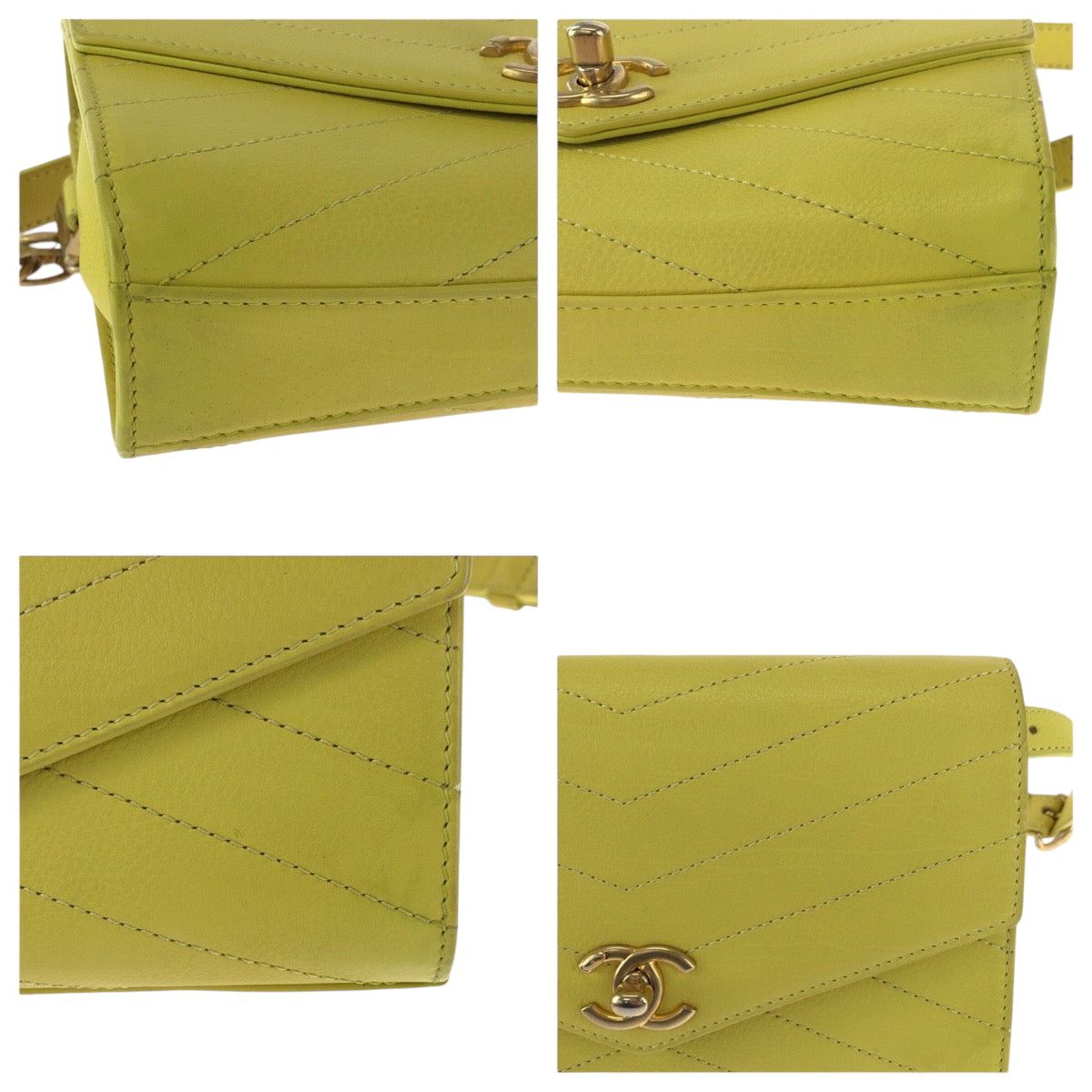 17346
CHANEL シャネル シェブロンステッチ ココマーク ターンロック イエロー ゴールド金具 カーフ チェーンショルダーバッグ ウエストバッグ  レディース A200