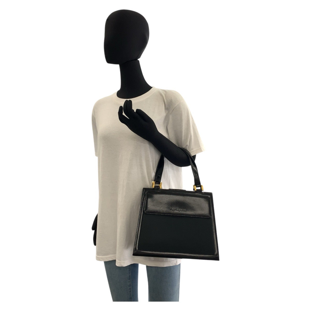 17351
YVES SAINT LAURENT イヴ サンローラン ヴィンテージ YSL ブラック 黒 ゴールド金具 レザー ハンドバッグ  レディース A40