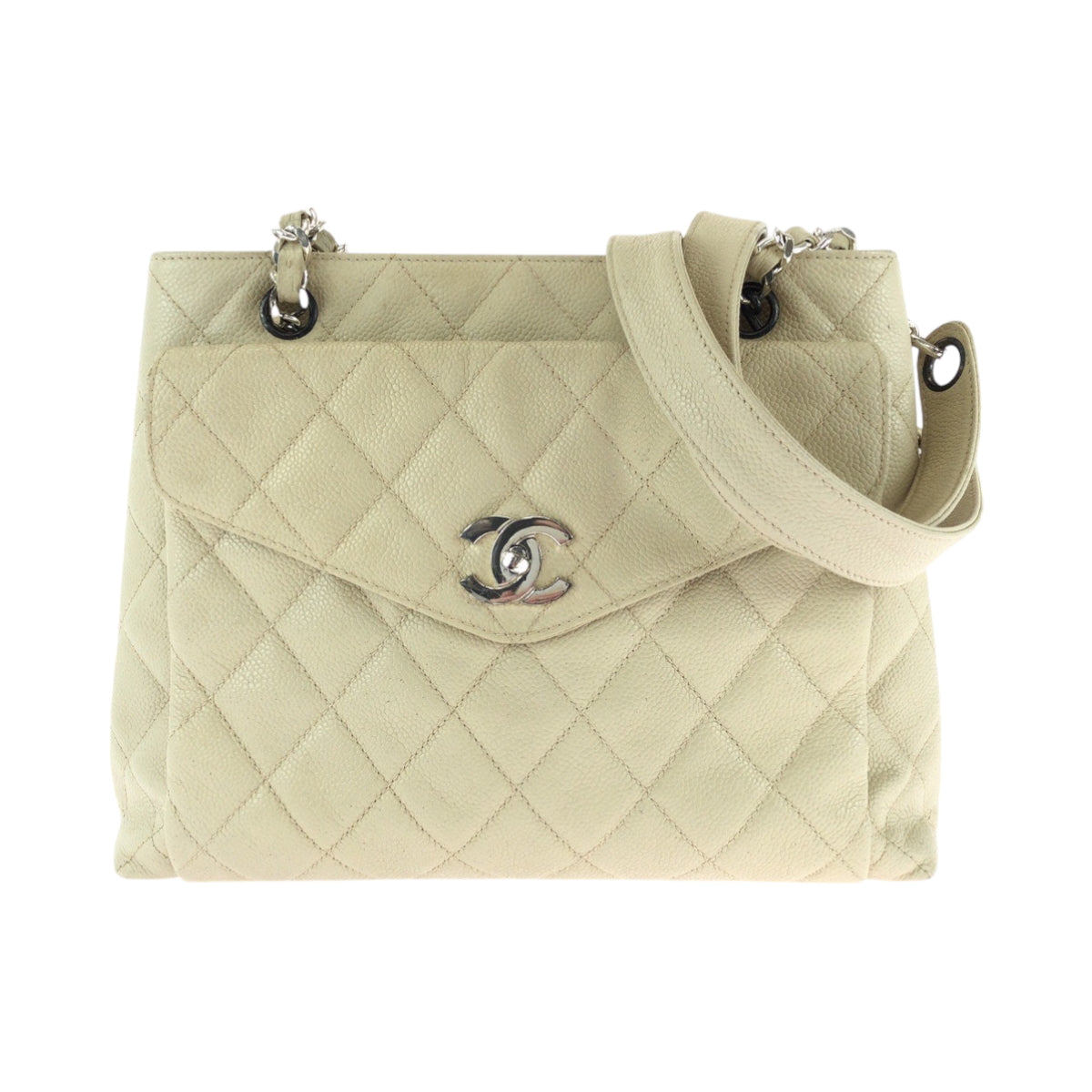 17372
CHANEL シャネル ヴィンテージ マトラッセ ココマーク ターンロック アイボリー シルバー金具 キャビアスキン チェーンショルダーバッグ レディース AB180