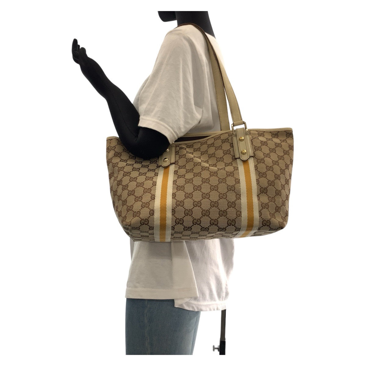17374
GUCCI グッチ シェリーライン ブラウン ホワイト ゴールド金具 GGキャンバス / レザー 137396 トートバッグ ショルダーバッグ  レディース