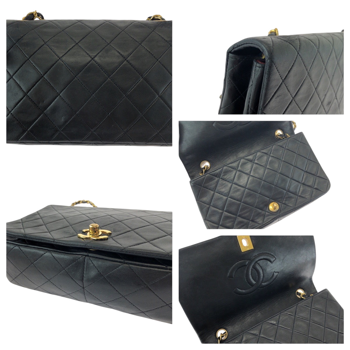 17376
CHANEL シャネル ヴィンテージ マトラッセ フルフラップ ココマーク ターンロック ブラック 黒 ゴールド金具 ラムスキン チェーンショルダーバッグ レディース AB178