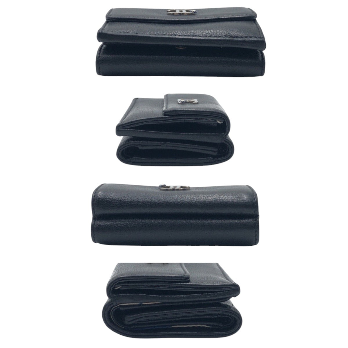 17382
CHANEL シャネル ココマーク ブラック 黒 シルバー レザー 三つ折り財布 折財布 コンパクトウォレット レディース ABP55