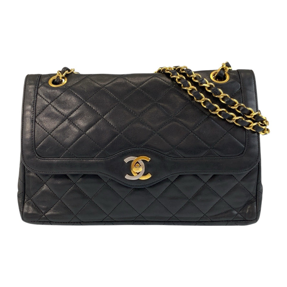 17393
CHANEL シャネル パリ限定 マトラッセ ダブルフラップ ココマーク ターンロック ブラック 黒 ゴールド金具 ラムスキン チェーンショルダーバッグ レディース AB238