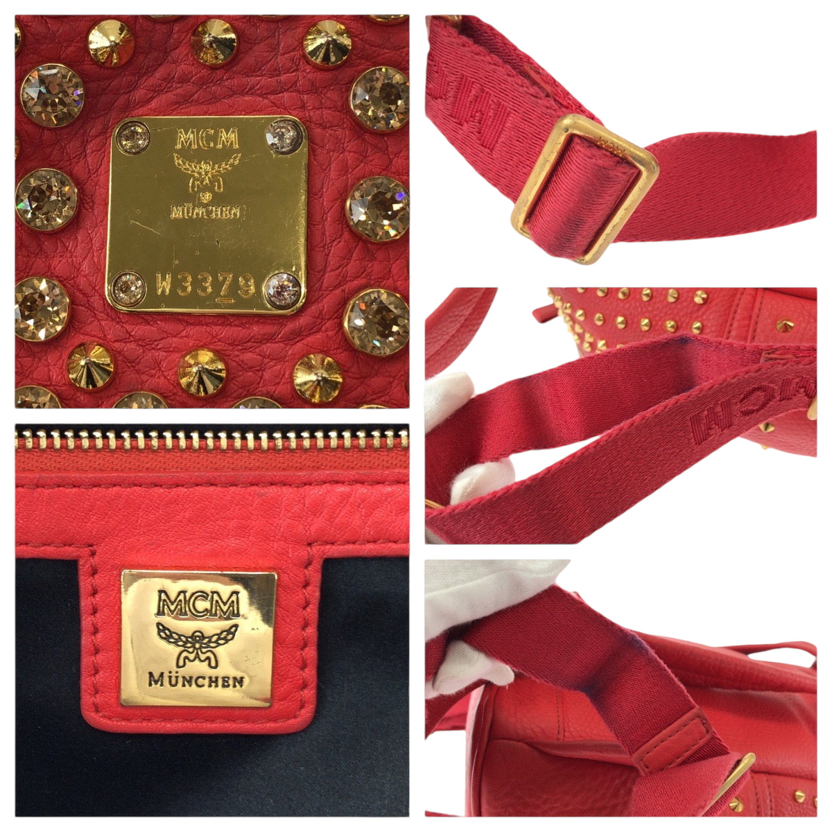 17396
MCM エム シー エム スタッズ レッド ゴールド金具 レザー リュックサック バックパック  レディース ABP48