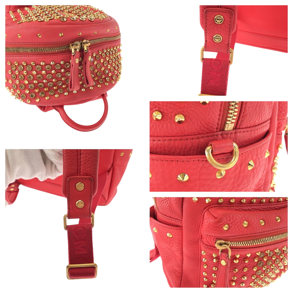 17396
MCM エム シー エム スタッズ レッド ゴールド金具 レザー リュックサック バックパック  レディース ABP48