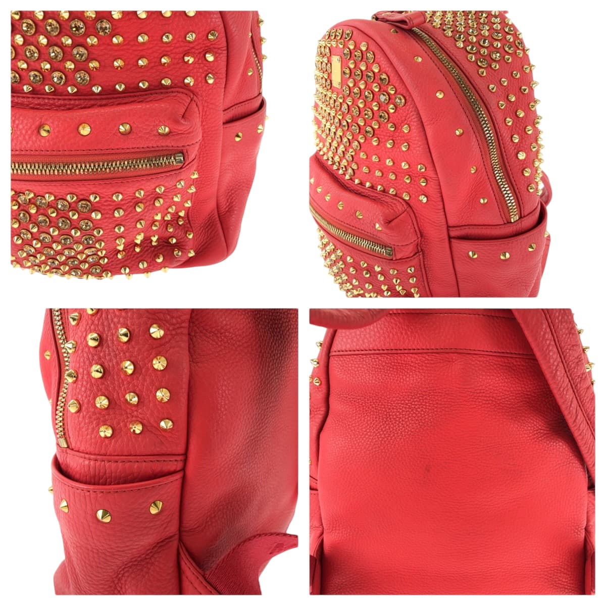 17396
MCM エム シー エム スタッズ レッド ゴールド金具 レザー リュックサック バックパック  レディース ABP48