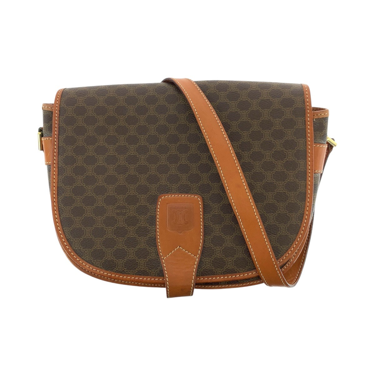 17399
CELINE セリーヌ ヴィンテージ マカダム ブラウン ゴールド金具 PVC / レザー ショルダーバッグ ポシェット レディース AB29