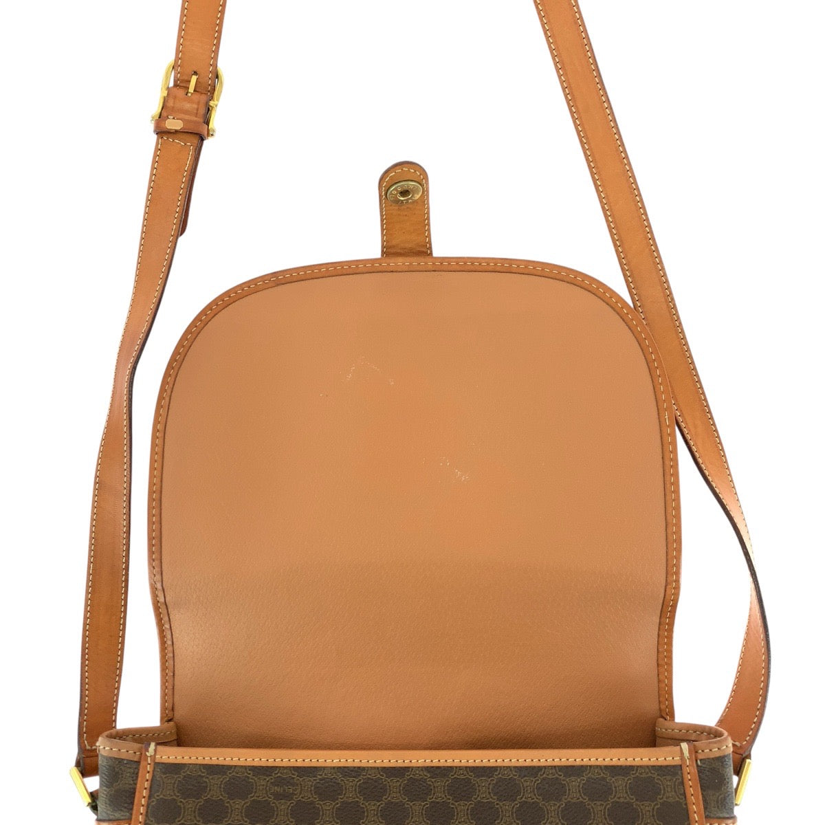 17399
CELINE セリーヌ ヴィンテージ マカダム ブラウン ゴールド金具 PVC / レザー ショルダーバッグ ポシェット レディース AB29