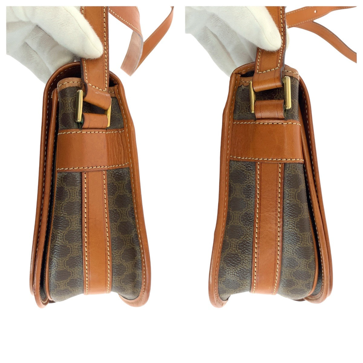 17399
CELINE セリーヌ ヴィンテージ マカダム ブラウン ゴールド金具 PVC / レザー ショルダーバッグ ポシェット レディース AB29