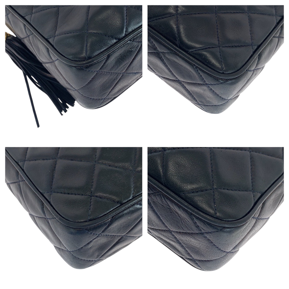 17401
CHANEL シャネル ヴィンテージ マトラッセ ココマーク フリンジ ネイビー ゴールド金具 ラムスキン チェーンショルダーバッグ ポシェット レディース ABP280