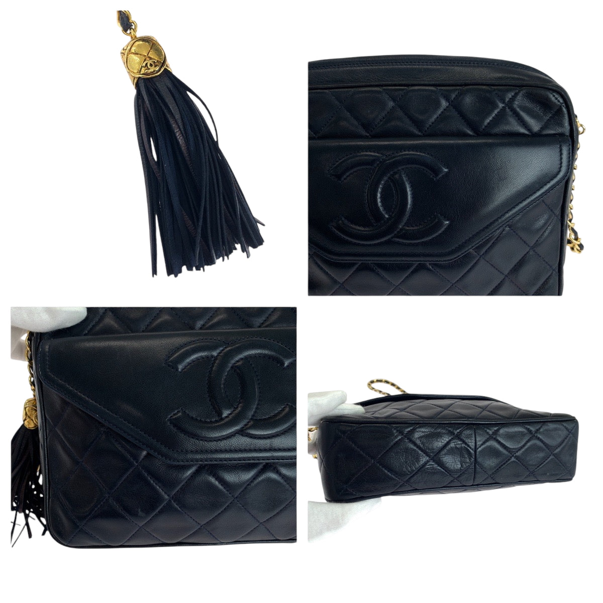 17401
CHANEL シャネル ヴィンテージ マトラッセ ココマーク フリンジ ネイビー ゴールド金具 ラムスキン チェーンショルダーバッグ ポシェット レディース ABP280