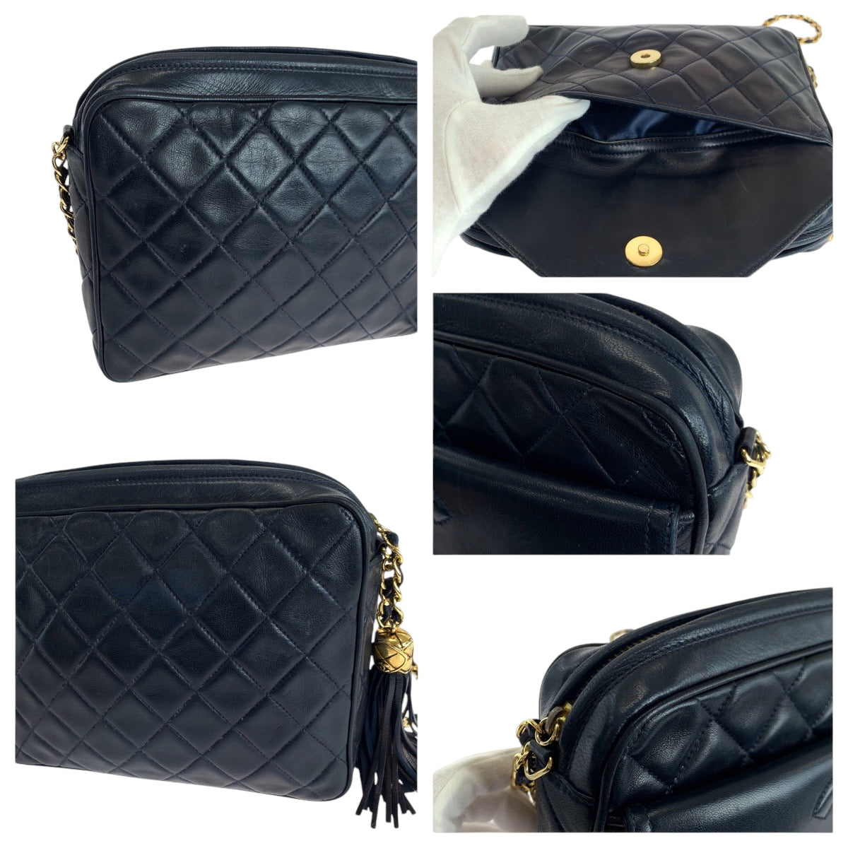 17401
CHANEL シャネル ヴィンテージ マトラッセ ココマーク フリンジ ネイビー ゴールド金具 ラムスキン チェーンショルダーバッグ ポシェット レディース ABP280