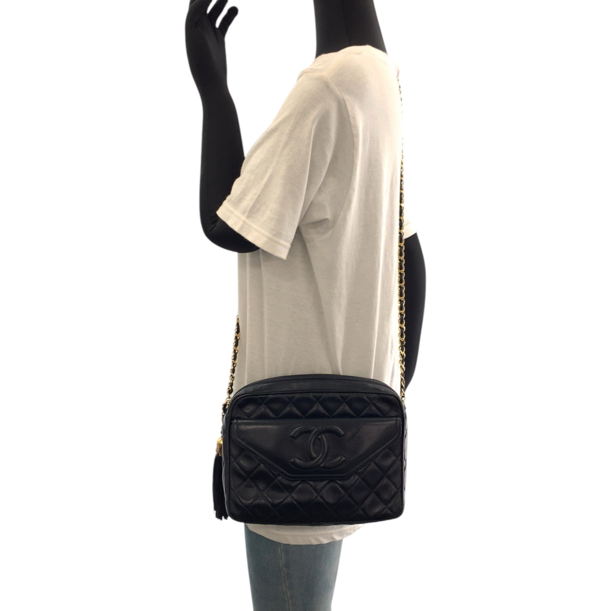 17401
CHANEL シャネル ヴィンテージ マトラッセ ココマーク フリンジ ネイビー ゴールド金具 ラムスキン チェーンショルダーバッグ ポシェット レディース ABP280