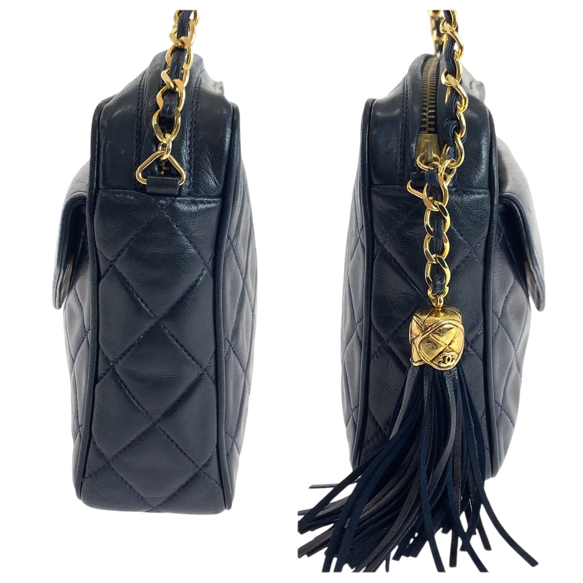 17401
CHANEL シャネル ヴィンテージ マトラッセ ココマーク フリンジ ネイビー ゴールド金具 ラムスキン チェーンショルダーバッグ ポシェット レディース ABP280