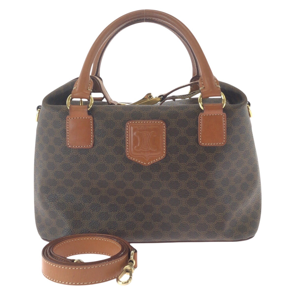 17402
CELINE セリーヌ ヴィンテージ マカダム ブラウン ゴールド金具 PVC 斜め掛け ショルダーバッグ ハンドバッグ 2WAY  レディース AB48