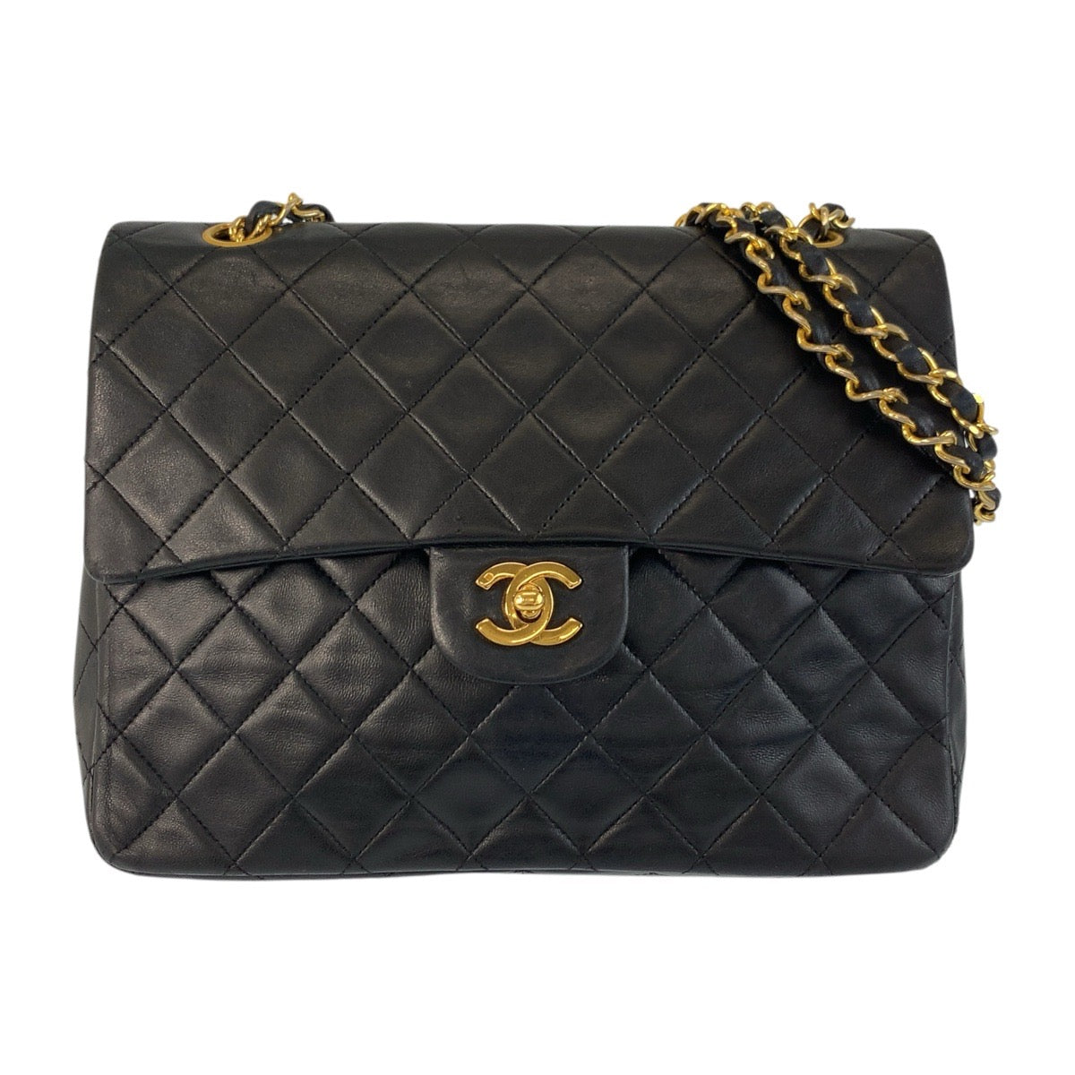 17413
CHANEL シャネル ヴィンテージ マトラッセ ターンロック ココマーク ダブルフラップ ブラック 黒 ゴールド金具 ラムスキン チェーンショルダーバッグ レディース AB198
