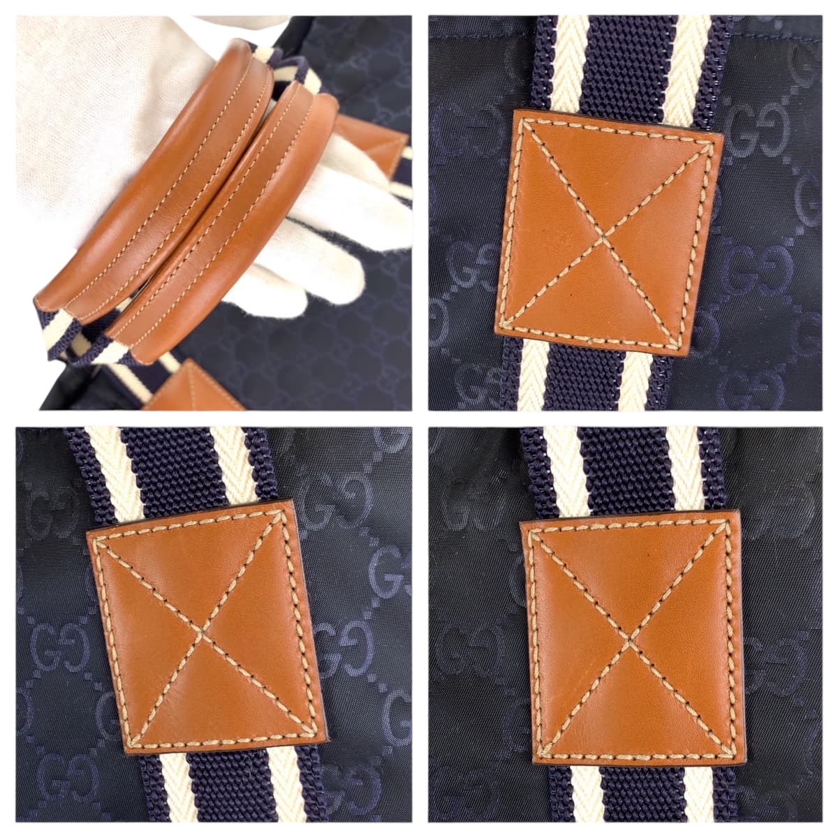17443
GUCCI グッチ GG柄 グッチシマ ネイビー ホワイト ブラウン ナイロン 189669 トートバッグ ハンドバッグ  メンズ ABP58
