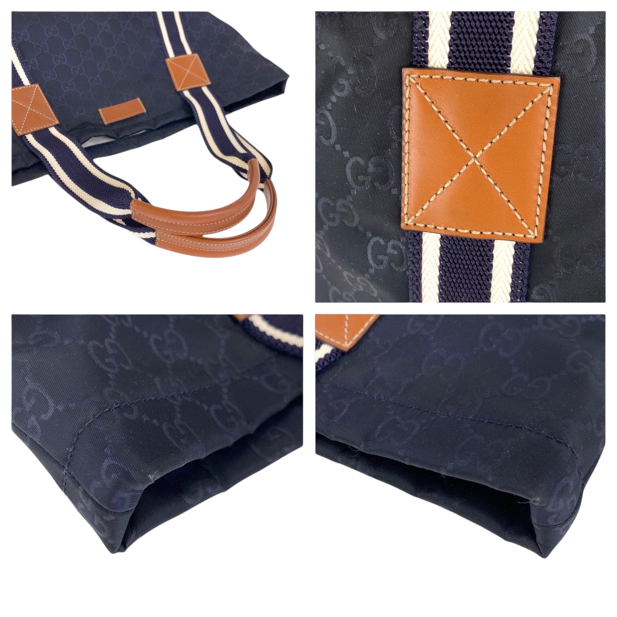 17443
GUCCI グッチ GG柄 グッチシマ ネイビー ホワイト ブラウン ナイロン 189669 トートバッグ ハンドバッグ  メンズ ABP58