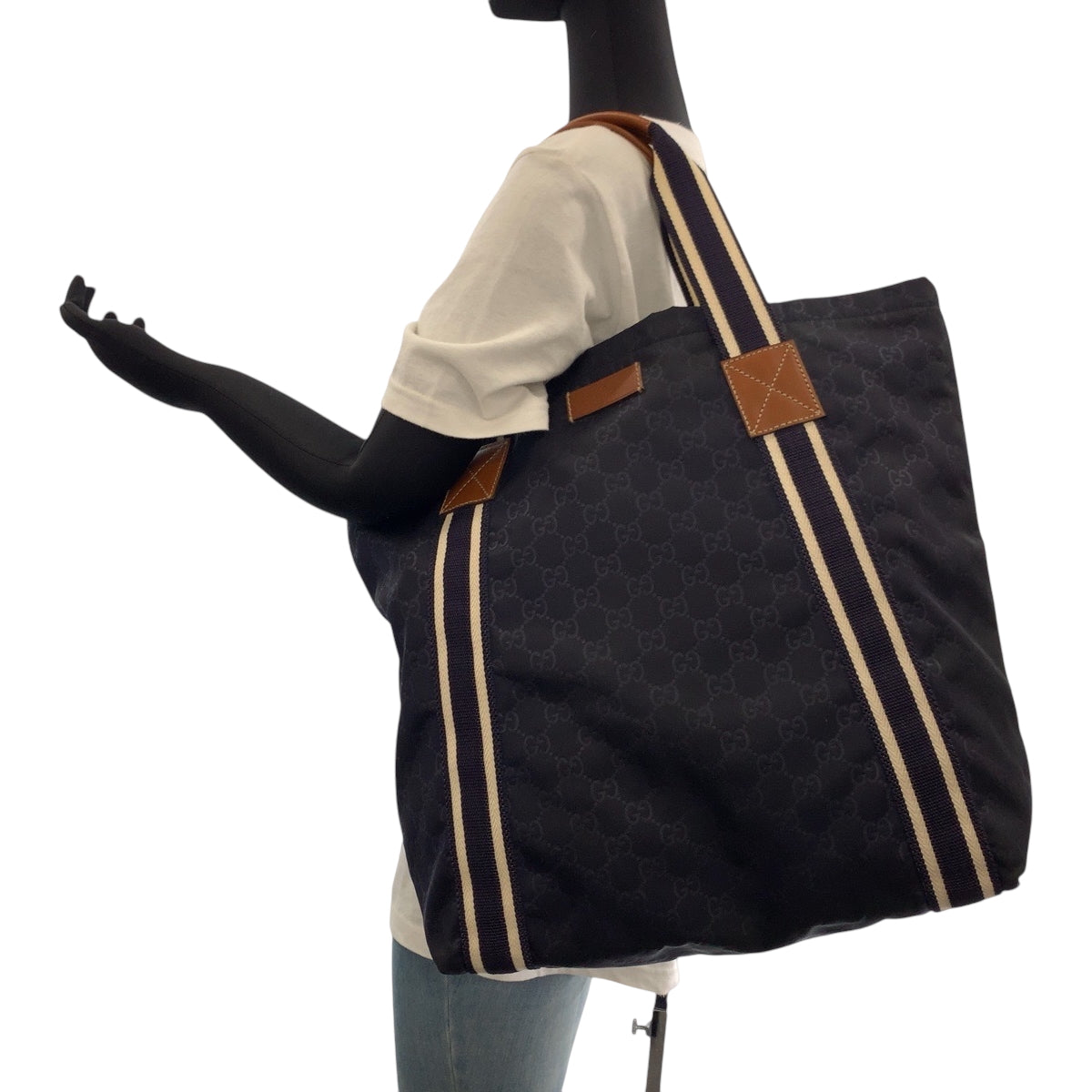 17443
GUCCI グッチ GG柄 グッチシマ ネイビー ホワイト ブラウン ナイロン 189669 トートバッグ ハンドバッグ  メンズ ABP58