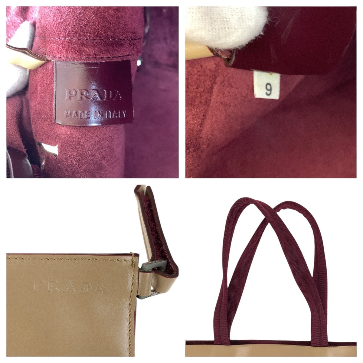 17455
PRADA プラダ パンチング ベージュ ボルドー レザー / スウェード トートバッグ ハンドバッグ  レディース
