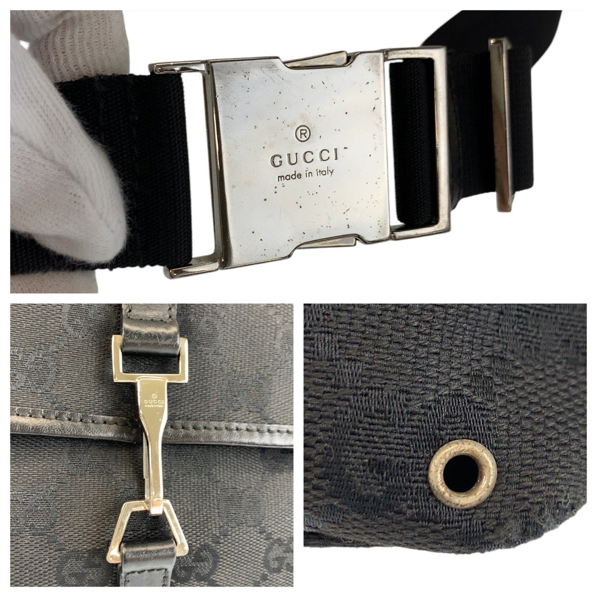 17456
GUCCI グッチ ブラック 黒 シルバー金具 GGキャンバス 92543 ボディバッグ バムバッグ  レディース ABP32