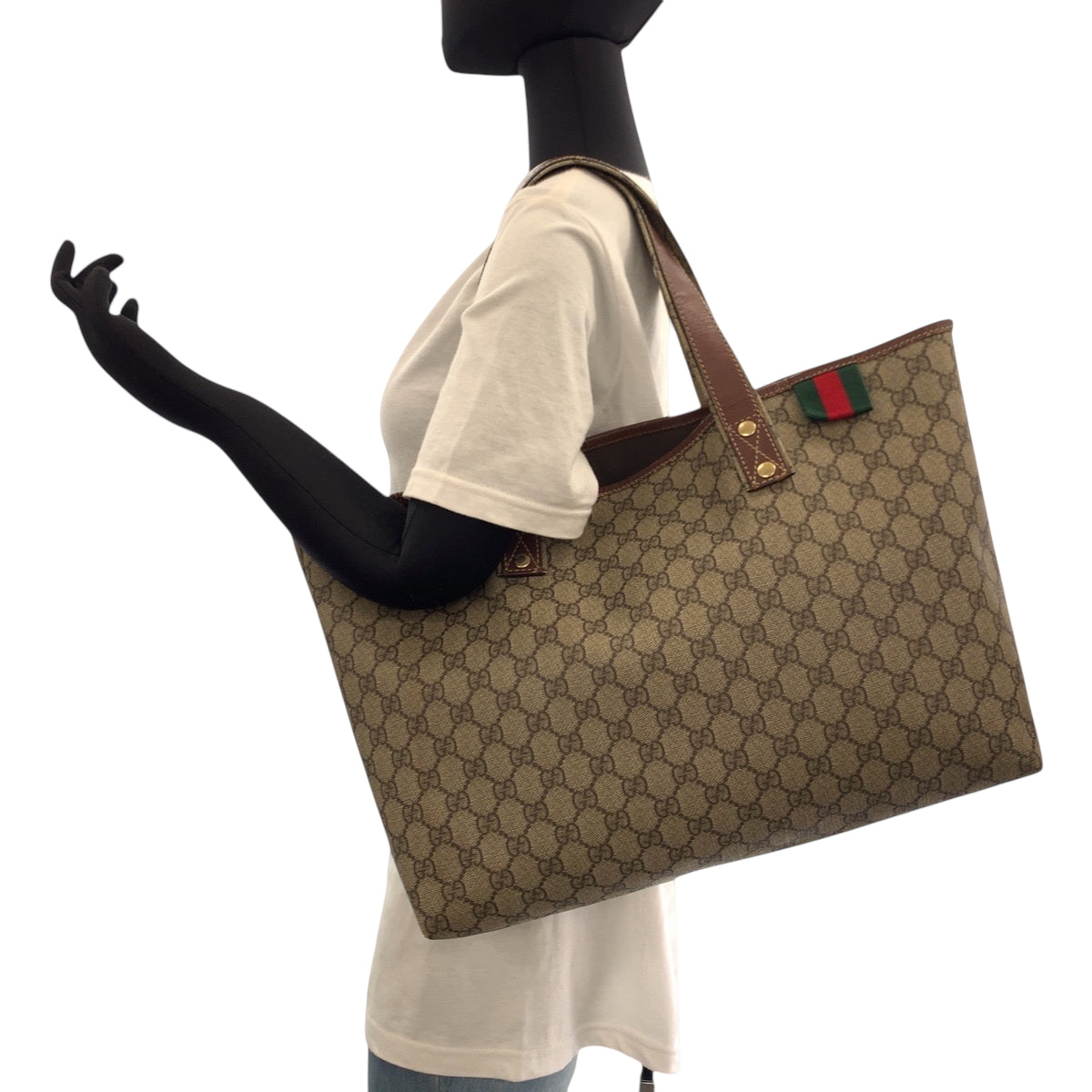 17468
GUCCI グッチ シェリーライン ベージュ ブラウン ゴールド金具 GGスプリームキャンバス 211134 トートバッグ ハンドバッグ  レディース