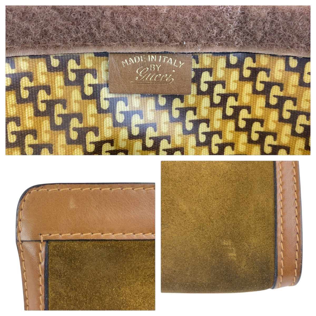 17477
GUCCI グッチ ヴィンテージ オールドグッチ シェリーライン ブラウン マルチカラー スウェード / レザー クラッチバッグ セカンドバッグ  メンズ ABP18