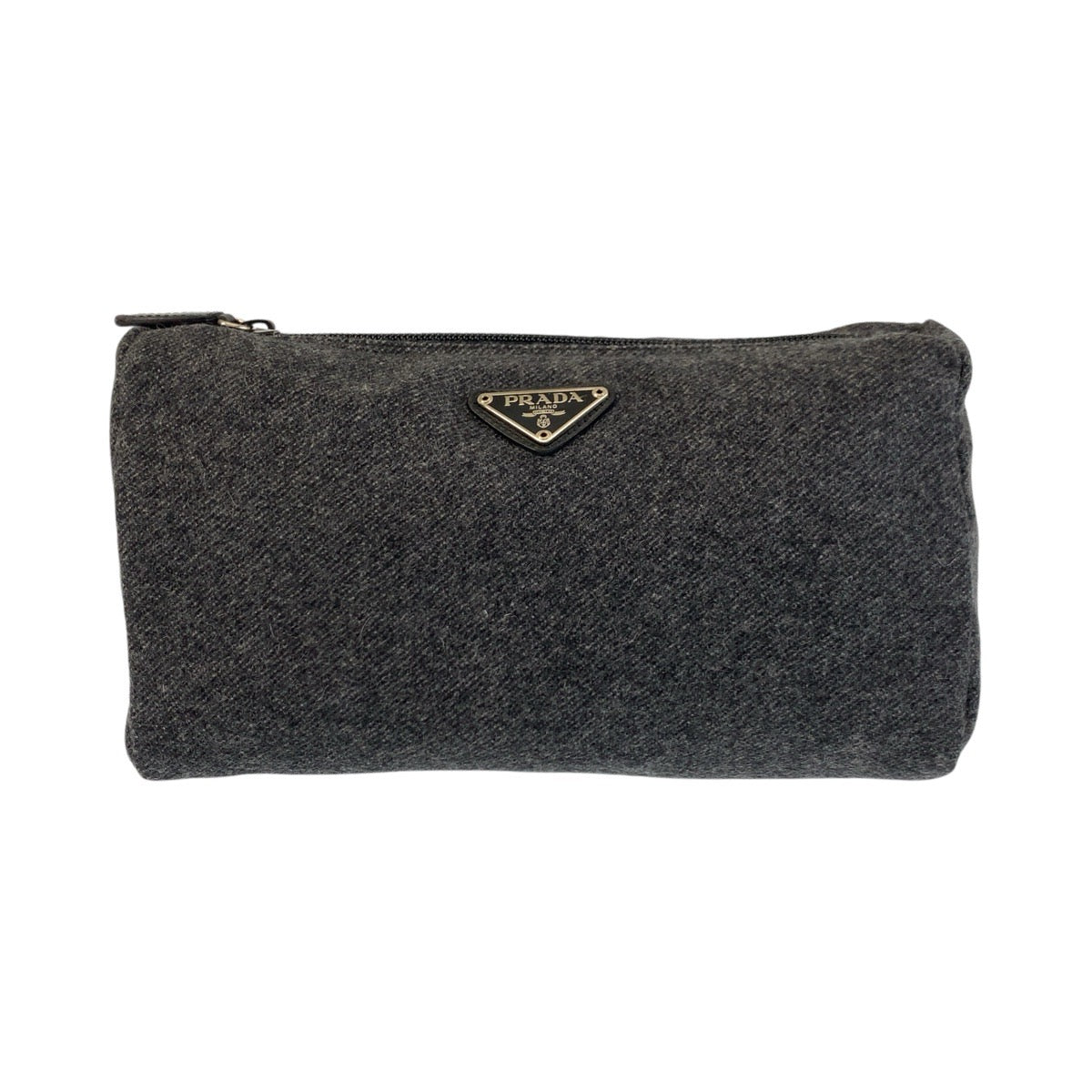 17480
PRADA プラダ 三角ロゴプレート グレー シルバー金具 ウール ポーチ  レディース A16