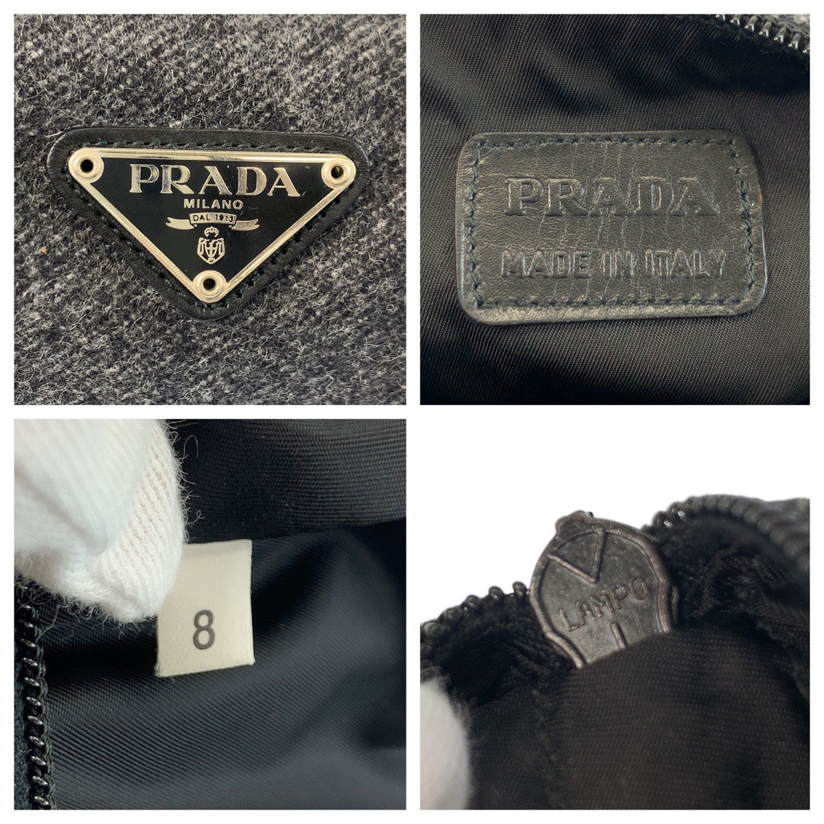 17480
PRADA プラダ 三角ロゴプレート グレー シルバー金具 ウール ポーチ  レディース A16