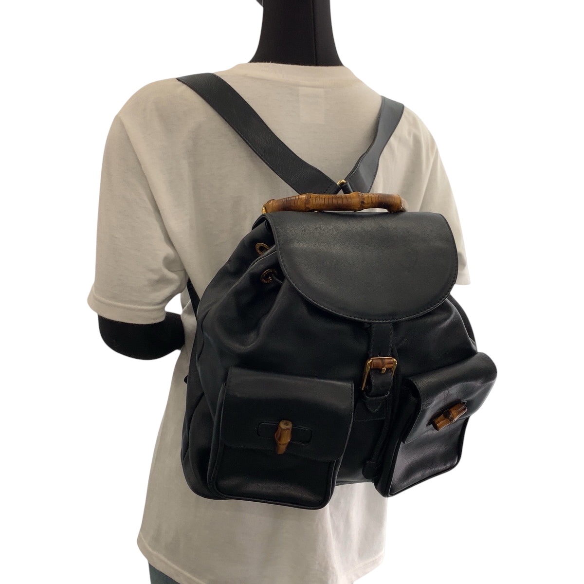 17486
GUCCI グッチ ヴィンテージ バンブー ブラック 黒 ブラウン ゴールド金具 レザー 003 2058 0016 リュックサック バックパック  レディース ABP40