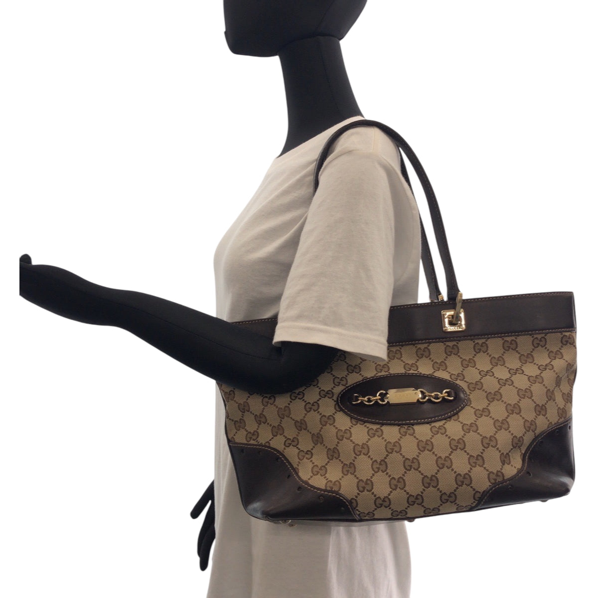 17488
GUCCI グッチ ベージュ ブラウン ゴールド金具 GGキャンバス 145993 トートバッグ ショルダーバッグ  レディース AB40