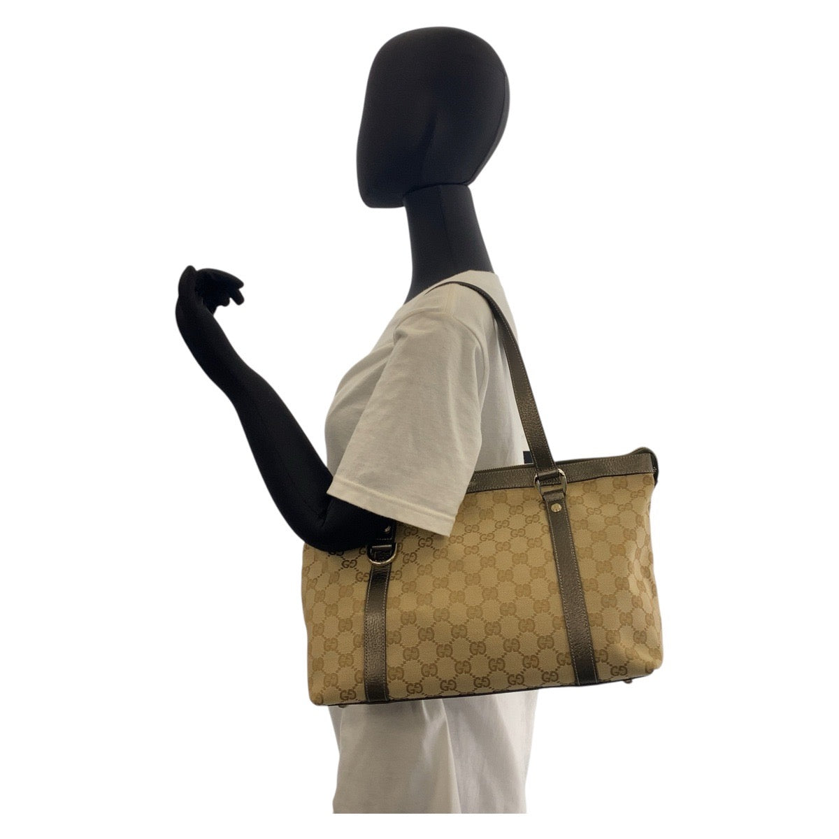 17503
GUCCI グッチ ベージュ カーキブラウン ゴールド金具 GGキャンバス / レザー 141470 トートバッグ ショルダーバッグ  レディース A52