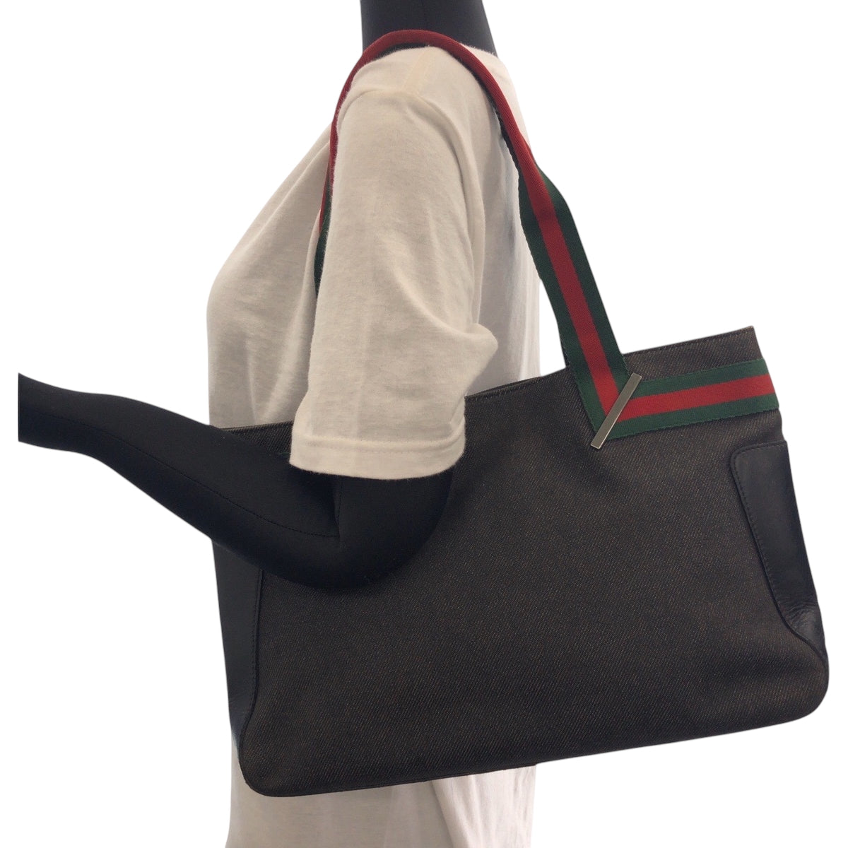 17508
GUCCI グッチ シェリーライン グレー レッド グリーン シルバー金具 デニム 73983 トートバッグ ハンドバッグ  レディース AB21