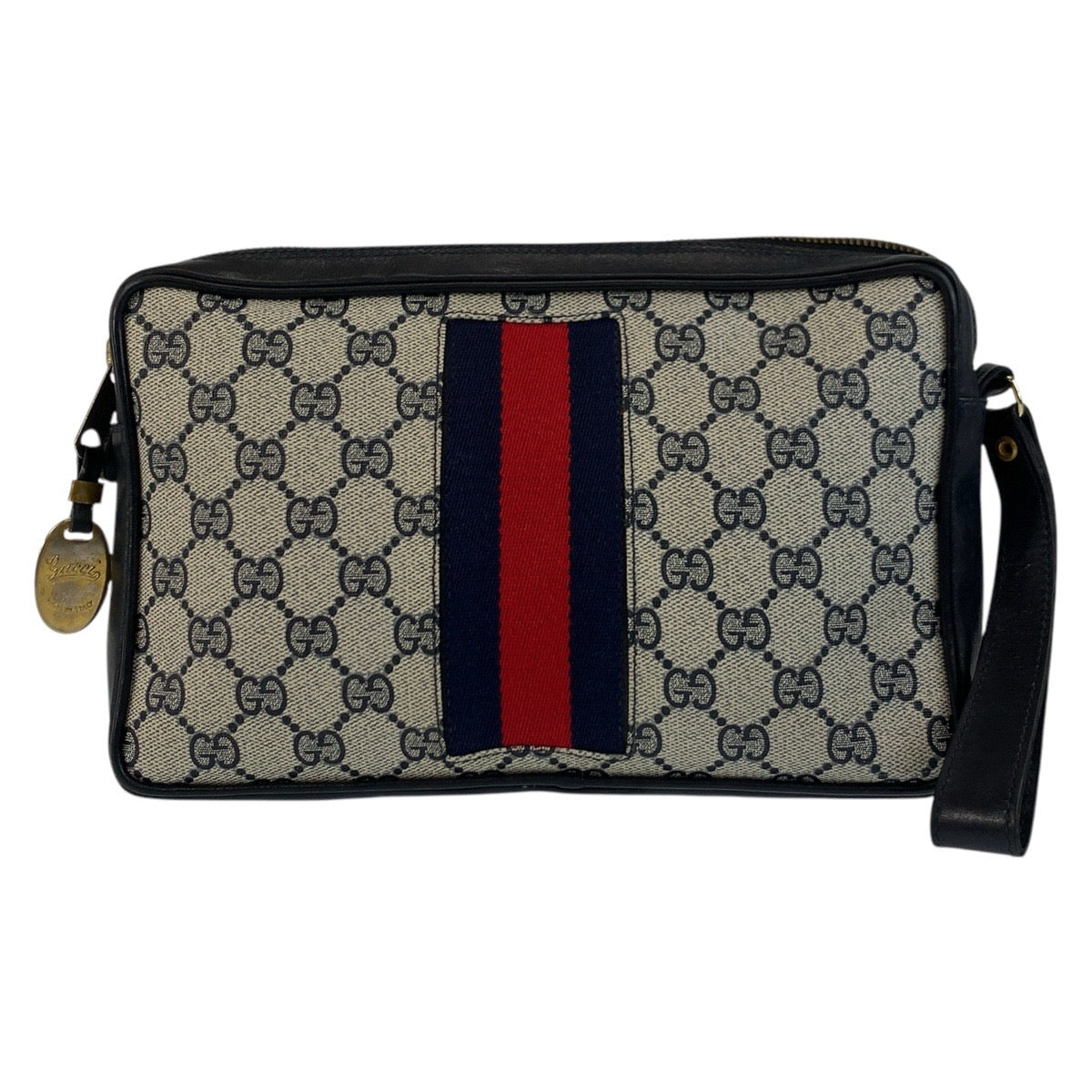 17523
GUCCI グッチ シェリーライン グレー ネイビー ゴールド金具 GGスプリームキャンバス / レザー セカンドバッグ クラッチバッグ  メンズ