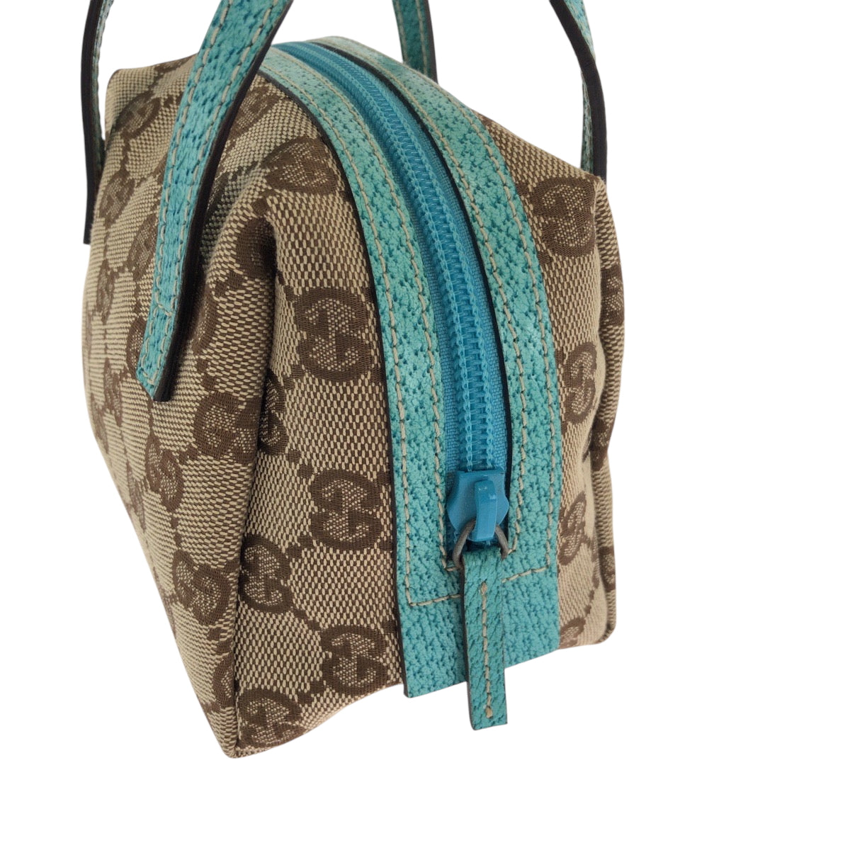 17525
GUCCI グッチ ベージュ ターコイズブルー ブルー金具 GGキャンバス 124541 ハンドバッグ ミニバッグ  レディース A39