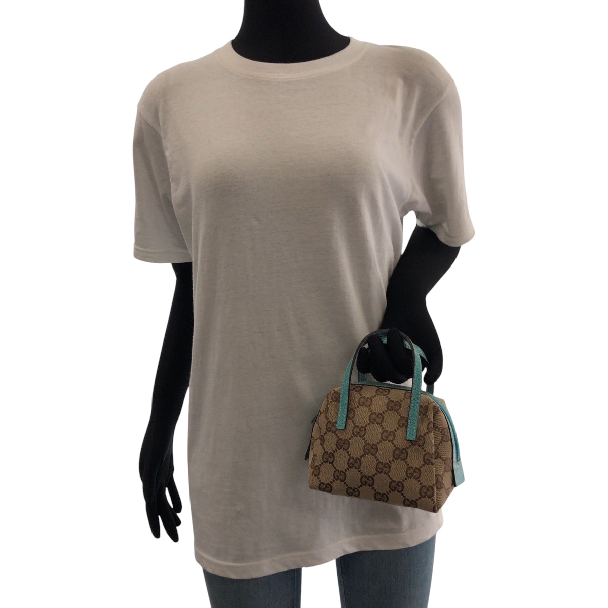 17525
GUCCI グッチ ベージュ ターコイズブルー ブルー金具 GGキャンバス 124541 ハンドバッグ ミニバッグ  レディース A39